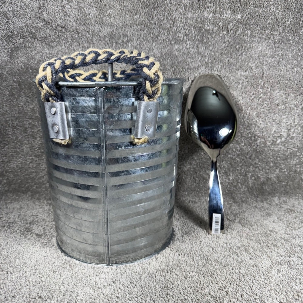 Ice Bucket Silver Galvanized Ribbed Rope Handle Nautical Farmhouse Set - Picture 12 of 14